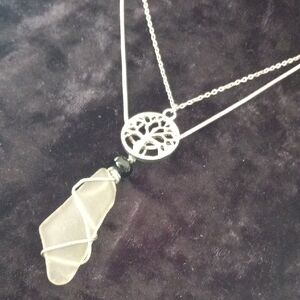 Tree of Life Necklace with Silver Wire and White Sea Glass